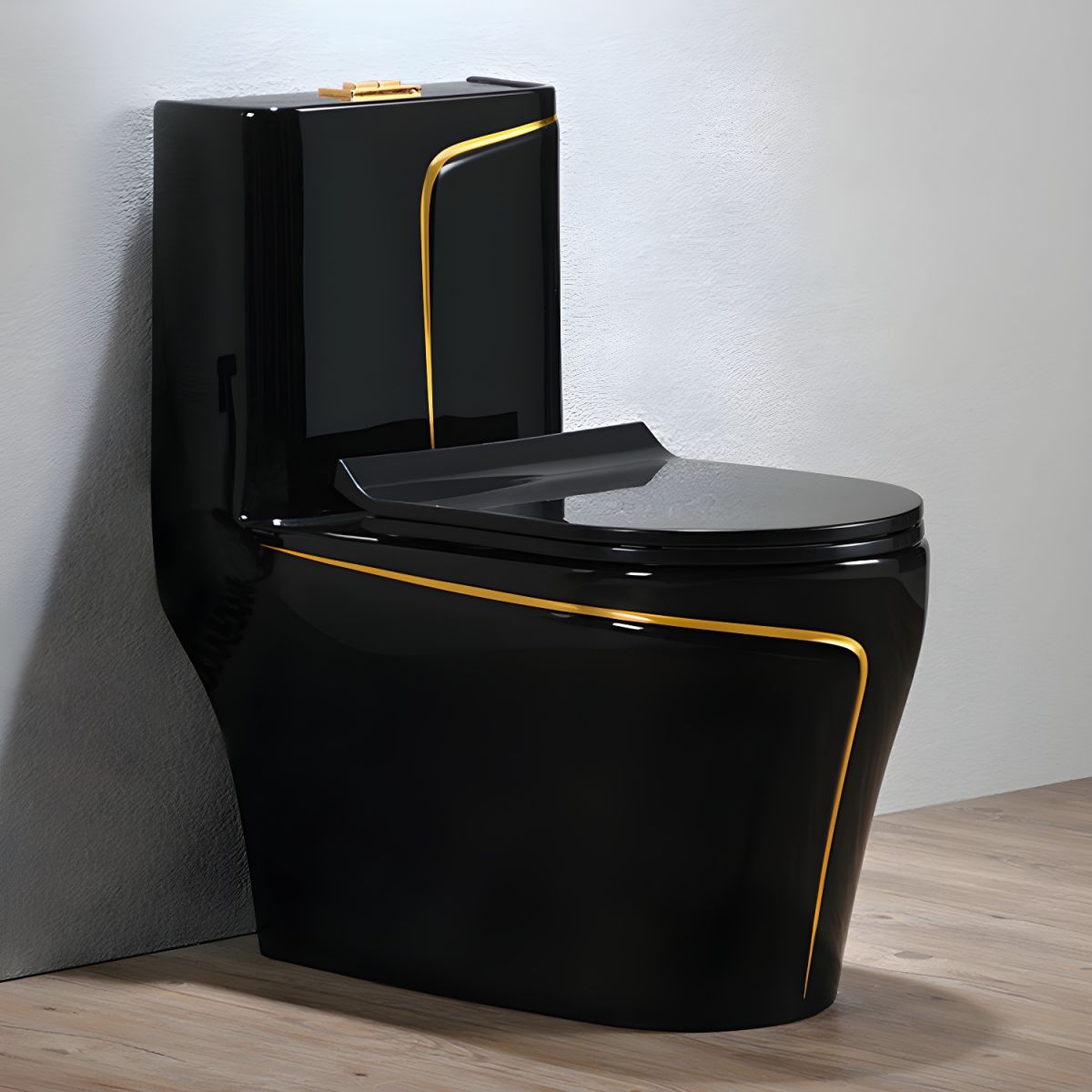 One-Piece Toilet Bowl – Black/Gold, High-Efficiency Dual Flush with Soft-Close Seat