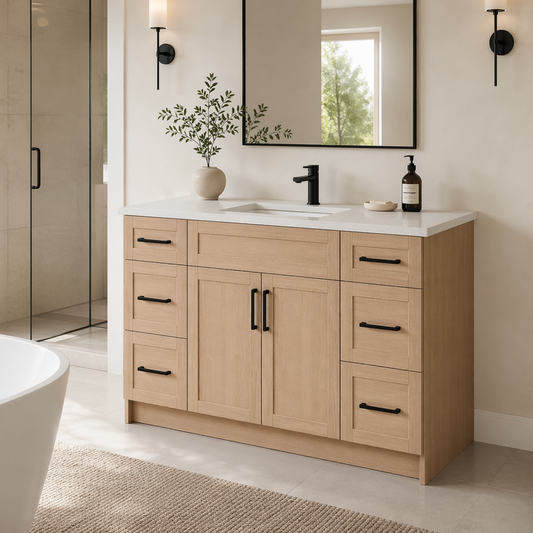 54″ Bathroom Vanity Oak Light (MDF) with Six Drawers on Each Side. Free Standing
