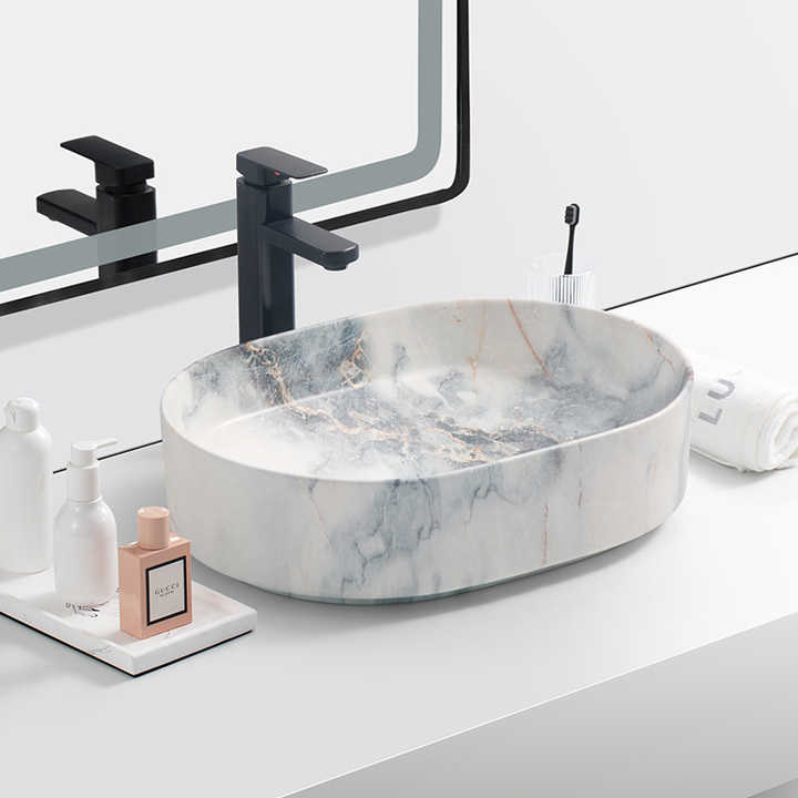 Oval Ceramic Vessel Sink – Marble-Effect Finish