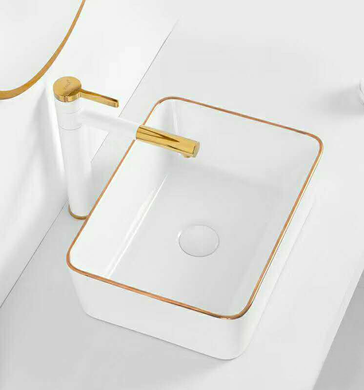 Rectangular Ceramic Vessel Sink – White with Gold Trim