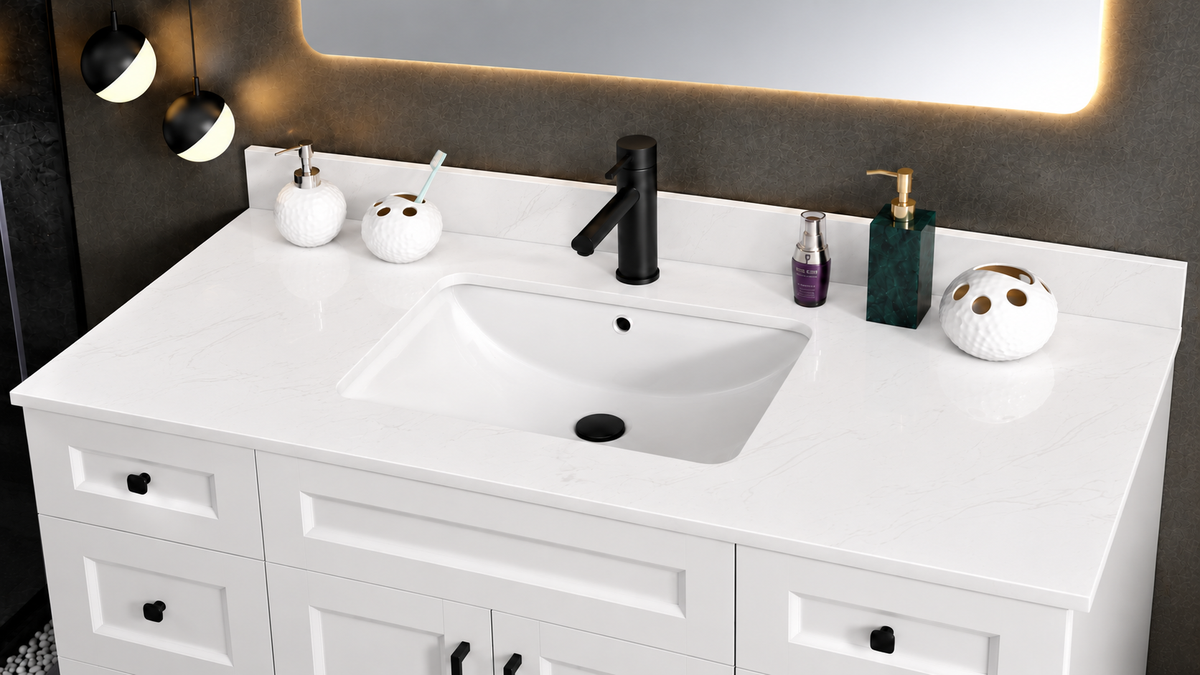 Pure Bath 49 inch Marble White single sink countertop, countertop close-up
