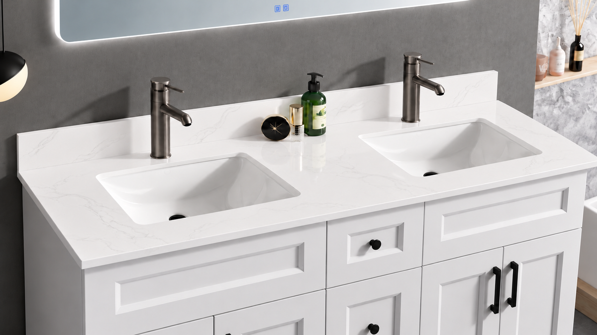 Pure Bath 61 inch Marble White double sink countertop, countertop close-up