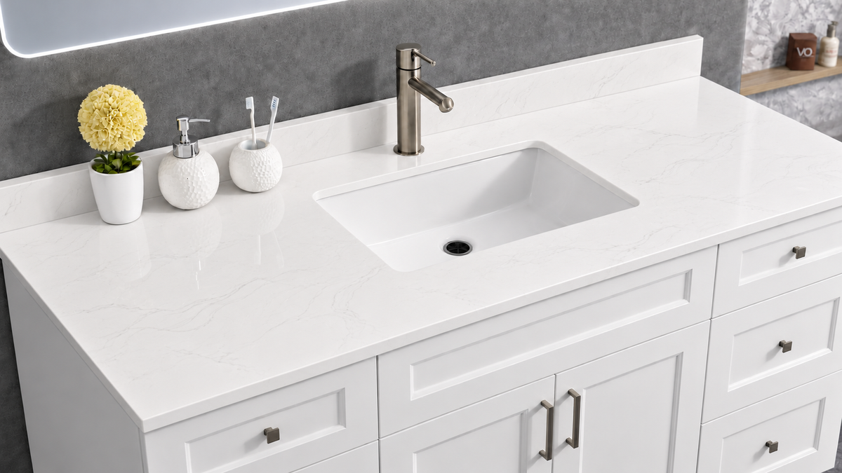 Pure Bath 73 inch Marble White single sink countertop, countertop close-up