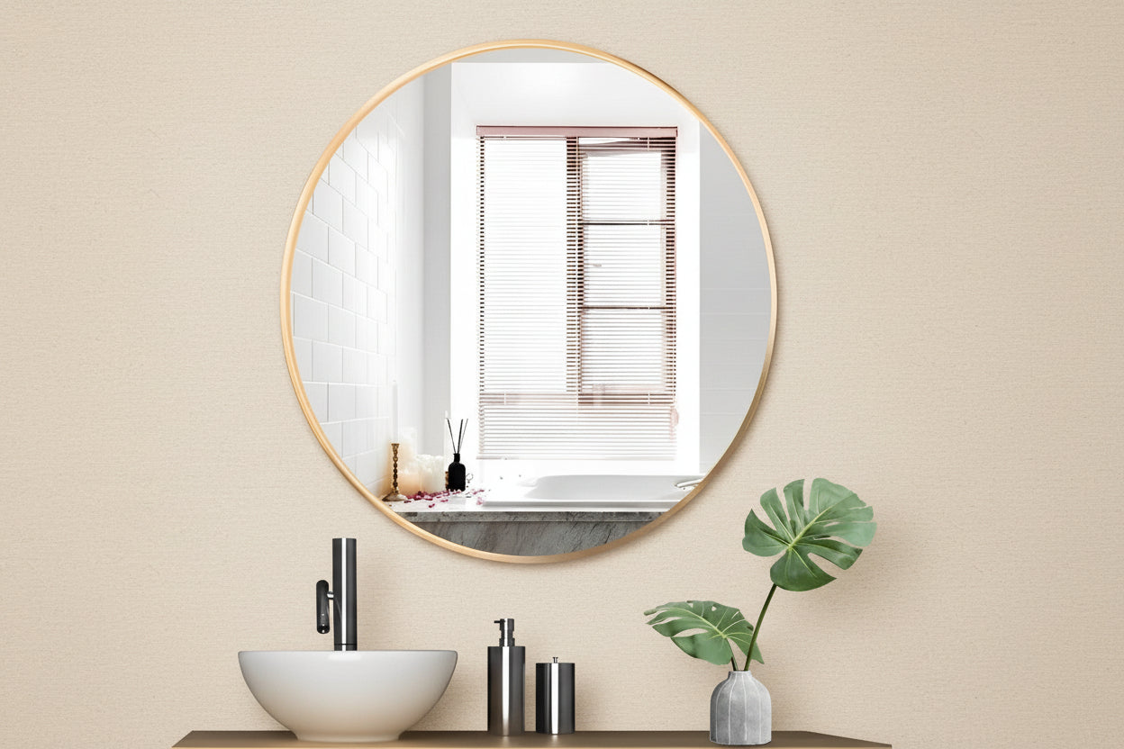 Round Bathroom Mirror / Gold Metal Frame 28"x28"
