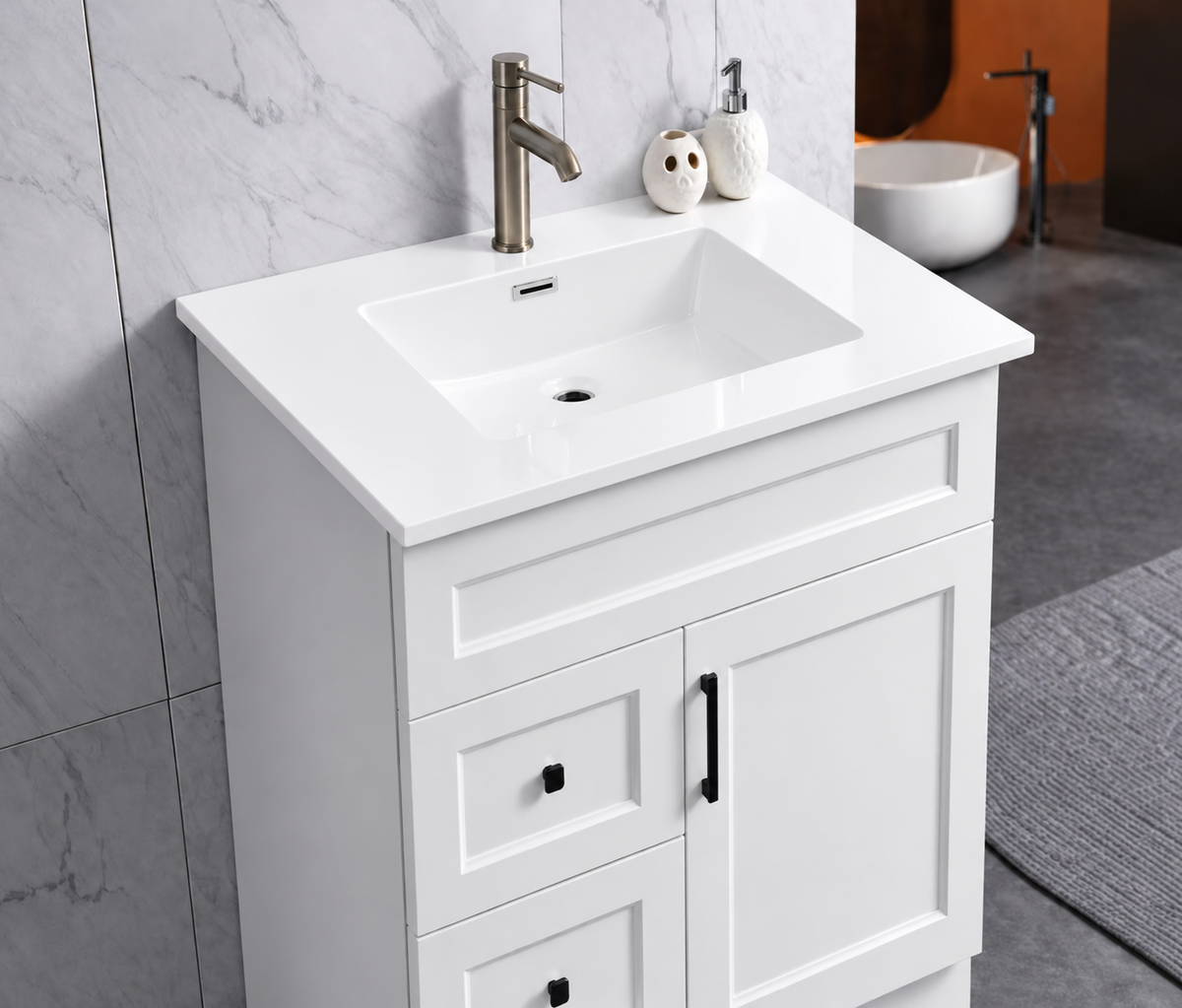 31 inch pure white quartz composite countertop with single integrated sink, bathroom vanity display