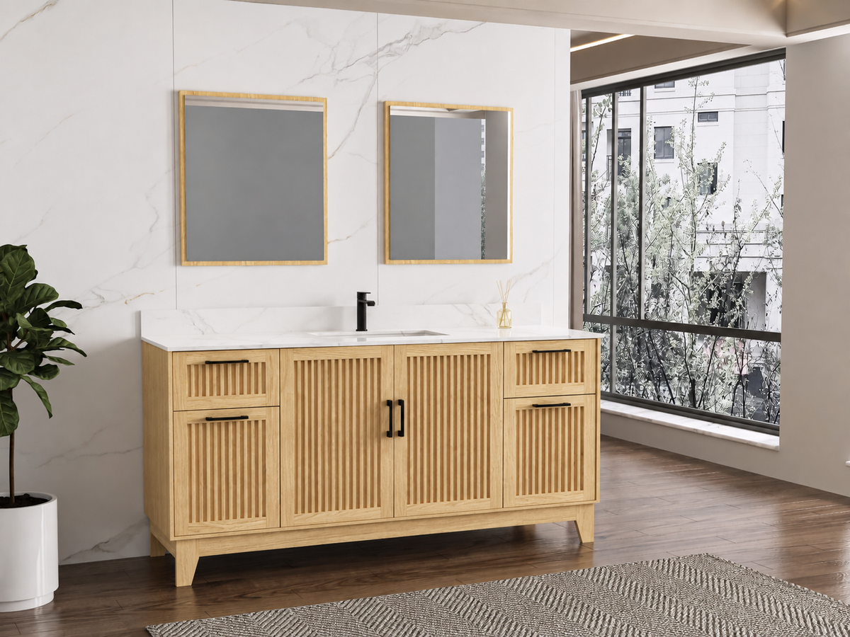 72″ Single Sink Bathroom Vanity (Fluted Oak Plywood) with Six Drawers / Free Standing Bathroom Cabinet