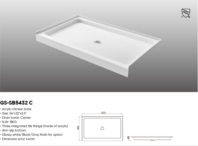 54×32 inch Central Drain Acrylic Shower Base