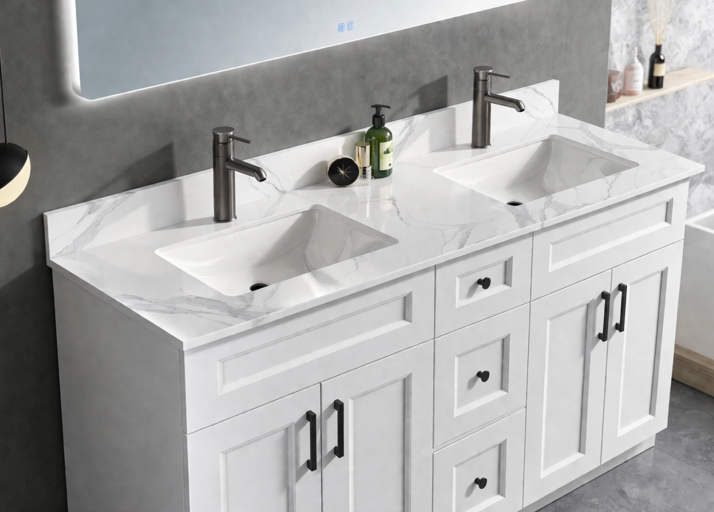 61" x 22.5" White Carrara Double Sink Countertop