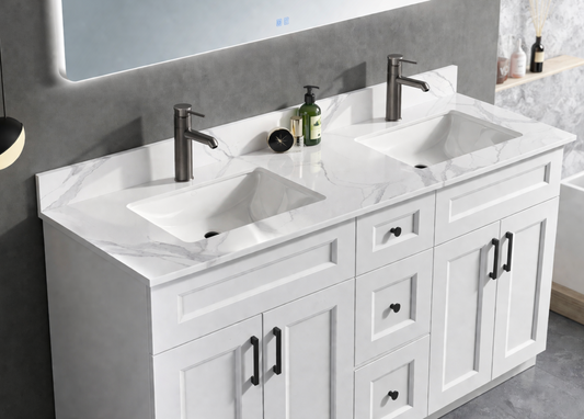61" x 22.5" White Carrara Double Sink Countertop