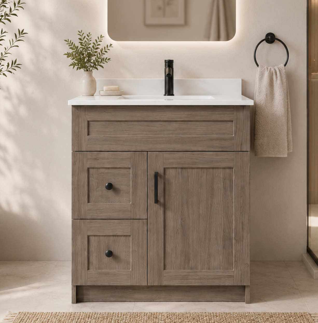 30″ Bathroom Vanity Oak Light (MDF) with Two Side Drawers. Free Standing