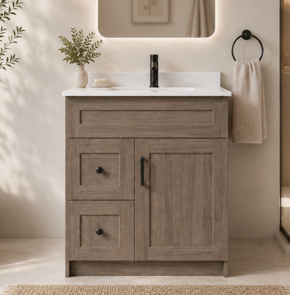 30″ Bathroom Vanity Oak Light (MDF) with Two Side Drawers. Free Standing