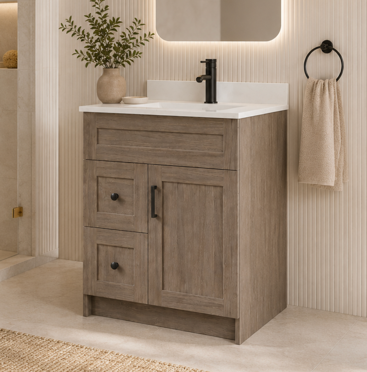 30″ Bathroom Vanity Oak Light (MDF) with Two Side Drawers. Free Standing