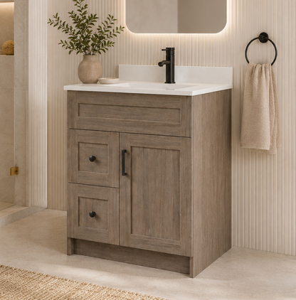 30″ Bathroom Vanity Oak Light (MDF) with Two Side Drawers. Free Standing