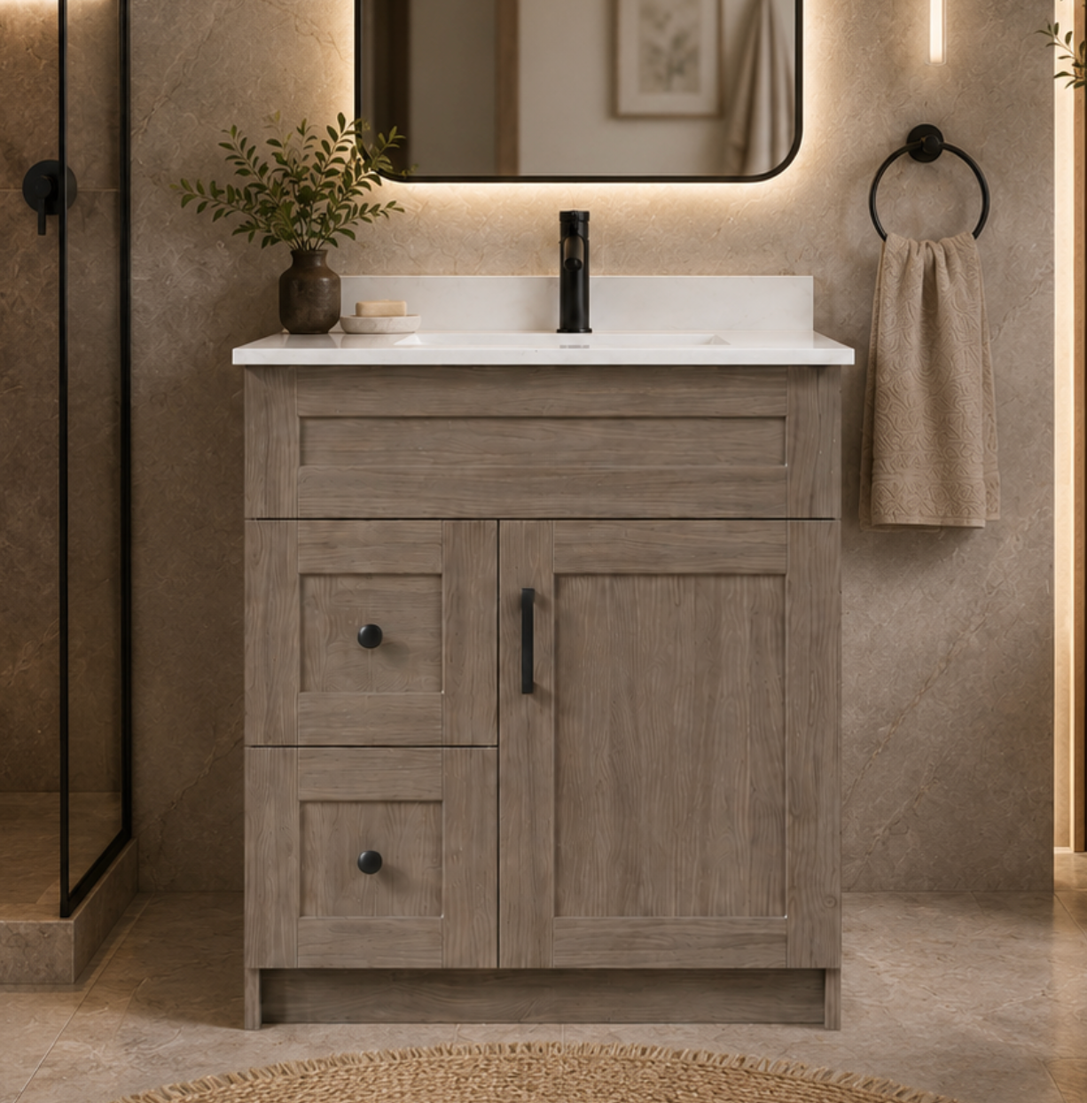 30″ Bathroom Vanity Oak Light (MDF) with Two Side Drawers. Free Standing