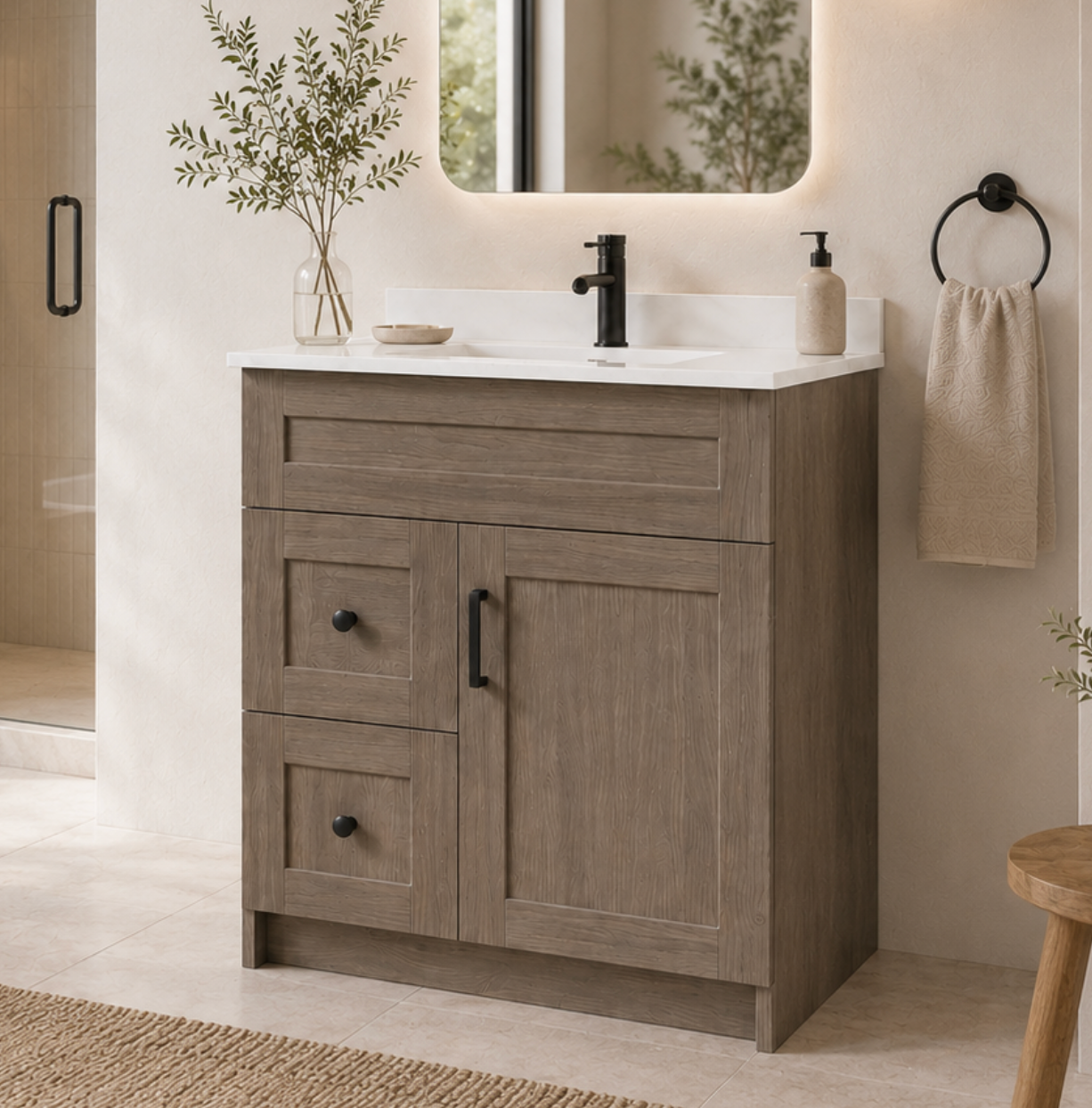 30″ Bathroom Vanity Oak Light (MDF) with Two Side Drawers. Free Standing