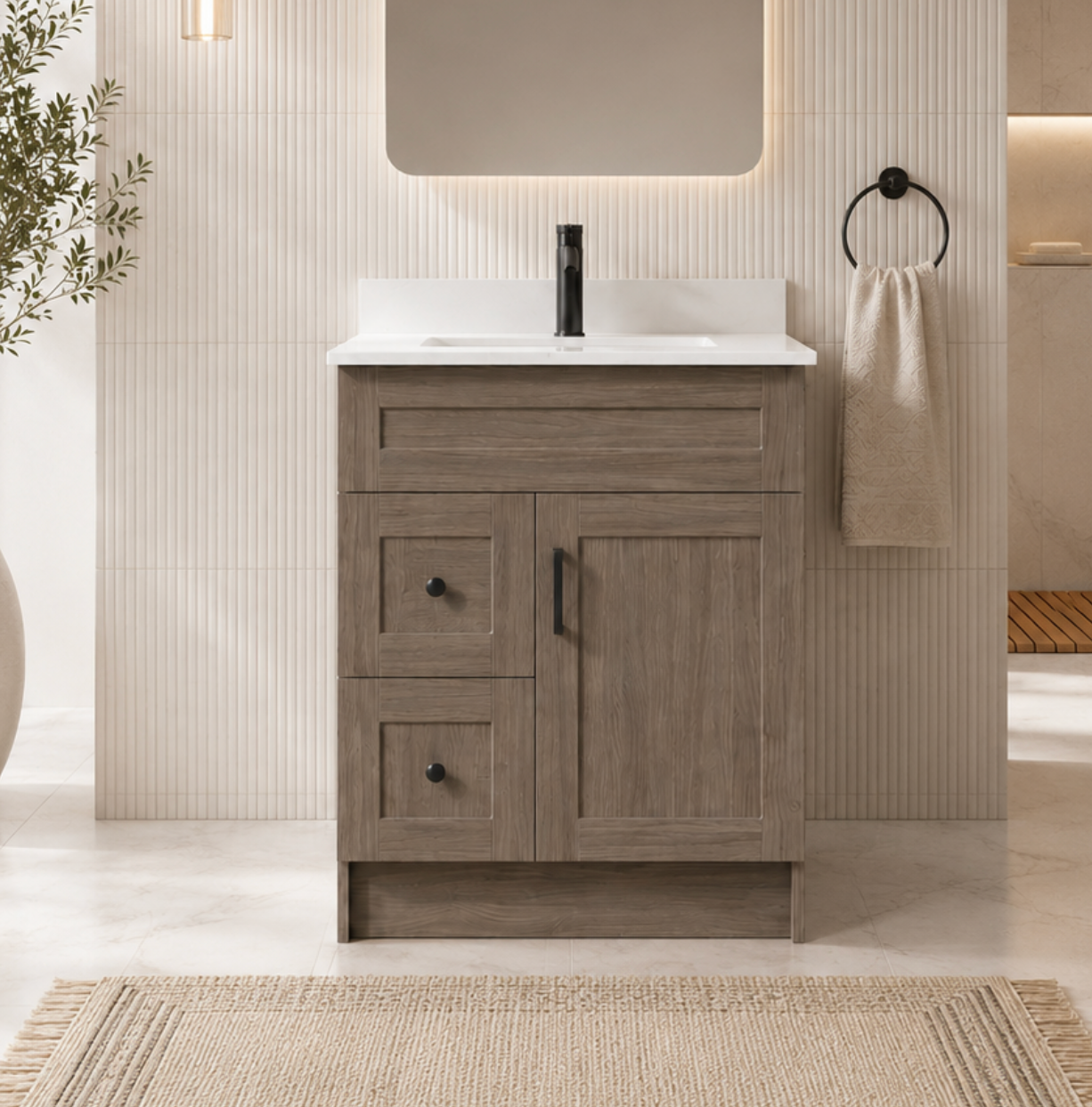 30″ Bathroom Vanity Oak Light (MDF) with Two Side Drawers. Free Standing
