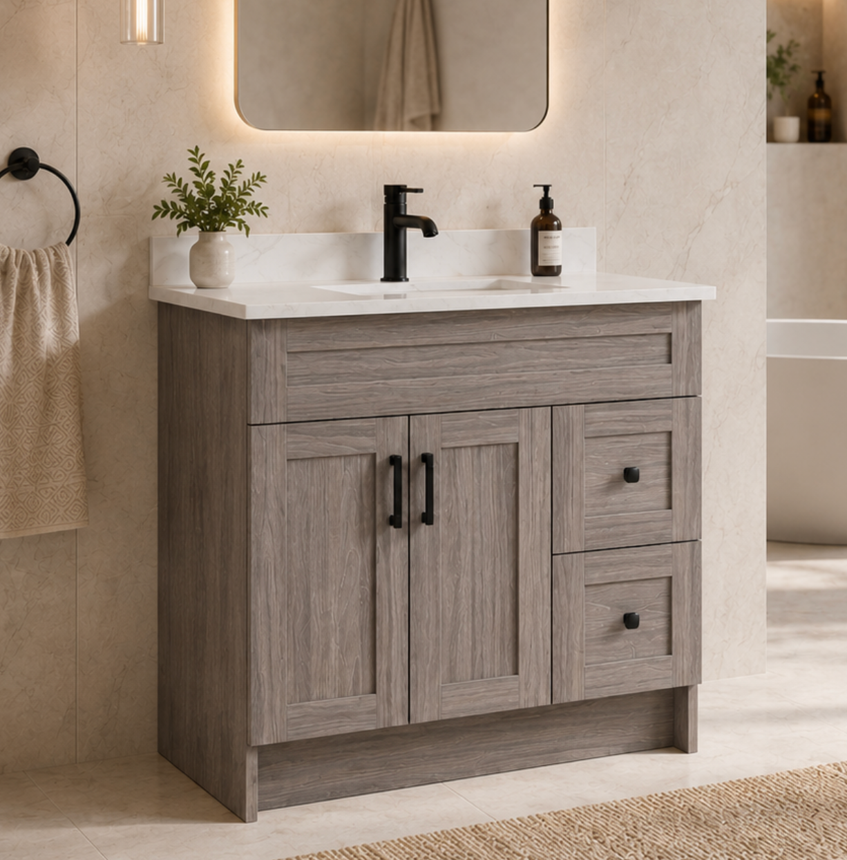42″ Bathroom Vanity Oak Light (MDF) with Two Side Drawers. Free Standing