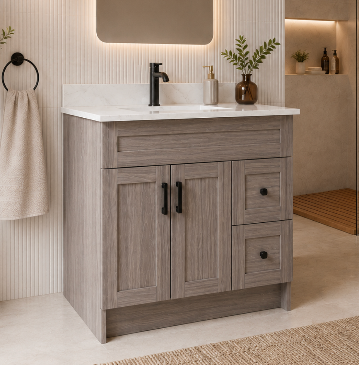 42″ Bathroom Vanity Oak Light (MDF) with Two Side Drawers. Free Standing