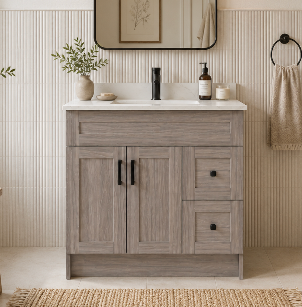 42″ Bathroom Vanity Oak Light (MDF) with Two Side Drawers. Free Standing