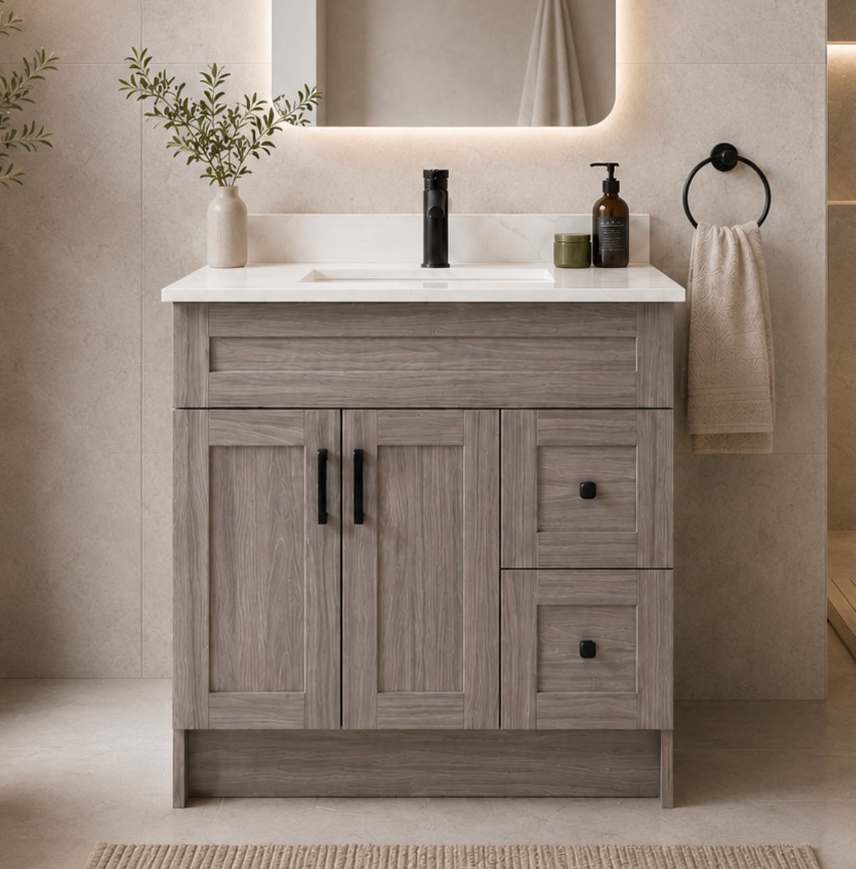 42″ Bathroom Vanity Oak Light (MDF) with Two Side Drawers. Free Standing