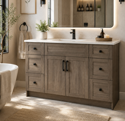 48″ Bathroom Vanity Oak Light (MDF) with Six Drawers on Each Side. Free Standing