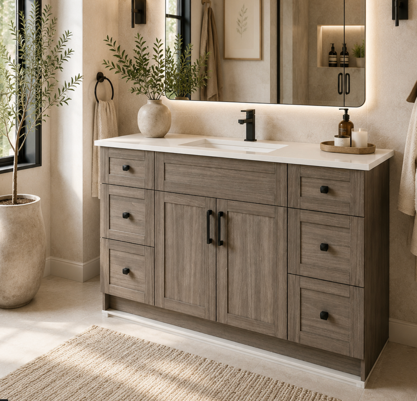 48″ Bathroom Vanity Oak Light (MDF) with Six Drawers on Each Side. Free Standing