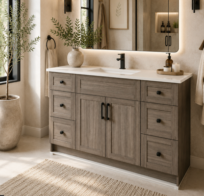 48″ Bathroom Vanity Oak Light (MDF) with Six Drawers on Each Side. Free Standing
