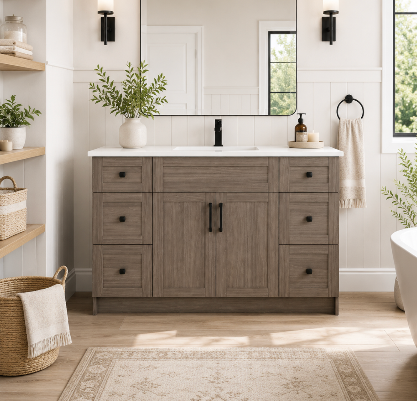 48″ Bathroom Vanity Oak Light (MDF) with Six Drawers on Each Side. Free Standing