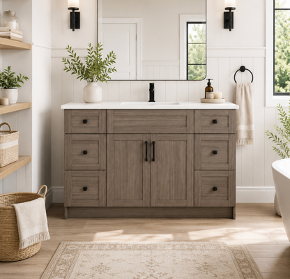 48″ Bathroom Vanity Oak Light (MDF) with Six Drawers on Each Side. Free Standing
