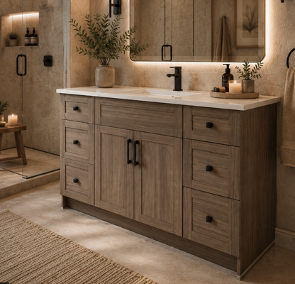 48″ Bathroom Vanity Oak Light (MDF) with Six Drawers on Each Side. Free Standing