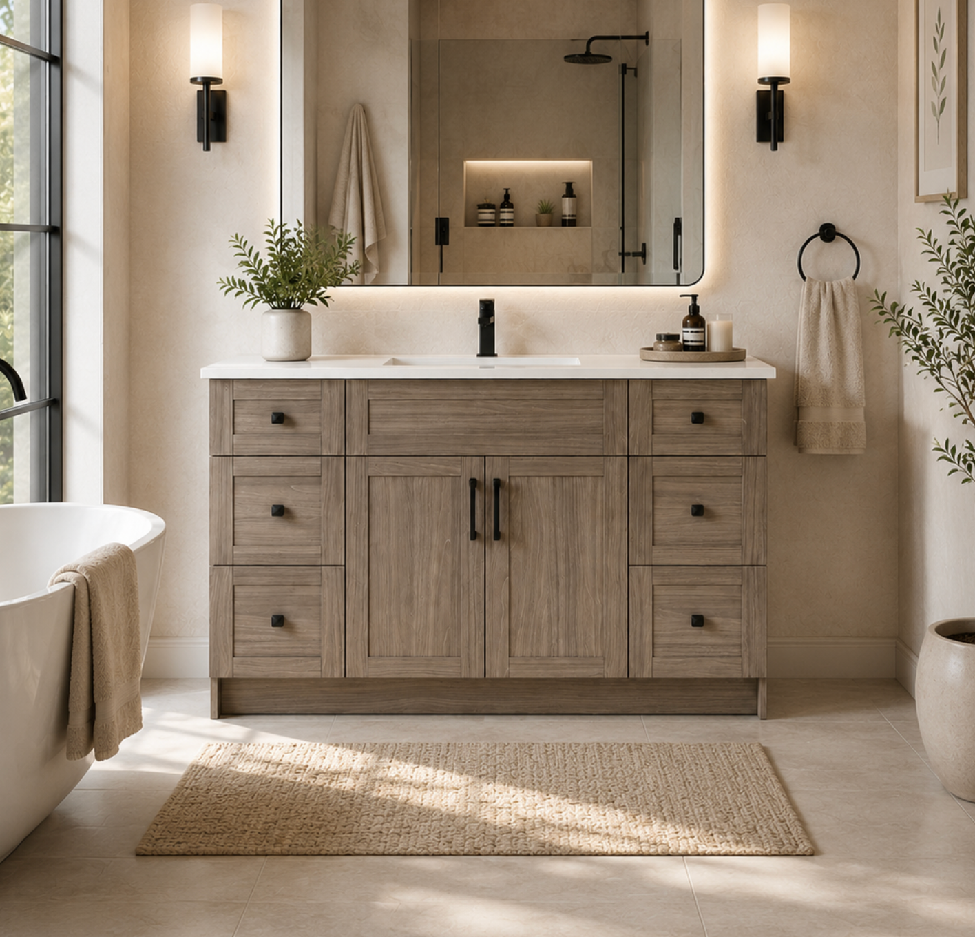 48″ Bathroom Vanity Oak Light (MDF) with Six Drawers on Each Side. Free Standing