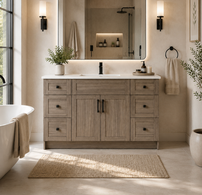 48″ Bathroom Vanity Oak Light (MDF) with Six Drawers on Each Side. Free Standing