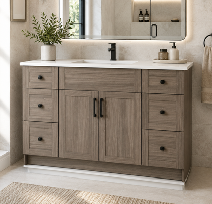 48″ Bathroom Vanity Oak Light (MDF) with Six Drawers on Each Side. Free Standing