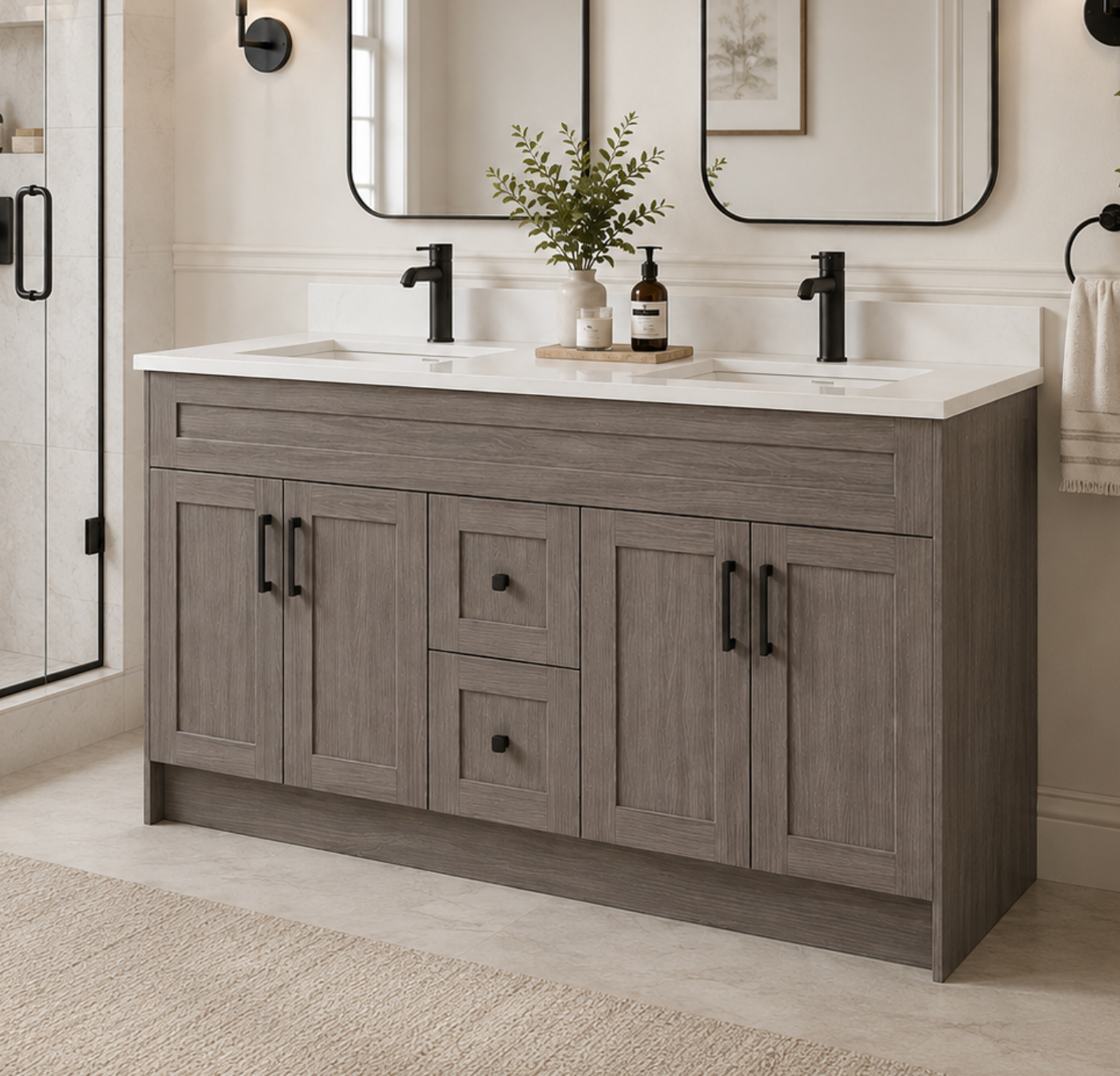 72″ Bathroom Vanity Oak Light (MDF) with Three Drawers in the Center. Double Sink. Free Standing