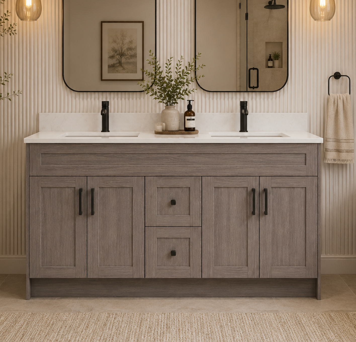 72″ Bathroom Vanity Oak Light (MDF) with Three Drawers in the Center. Double Sink. Free Standing