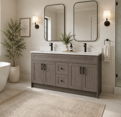 72″ Bathroom Vanity Oak Light (MDF) with Three Drawers in the Center. Double Sink. Free Standing