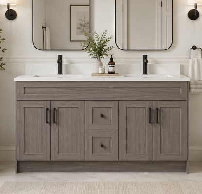 72″ Bathroom Vanity Oak Light (MDF) with Three Drawers in the Center. Double Sink. Free Standing
