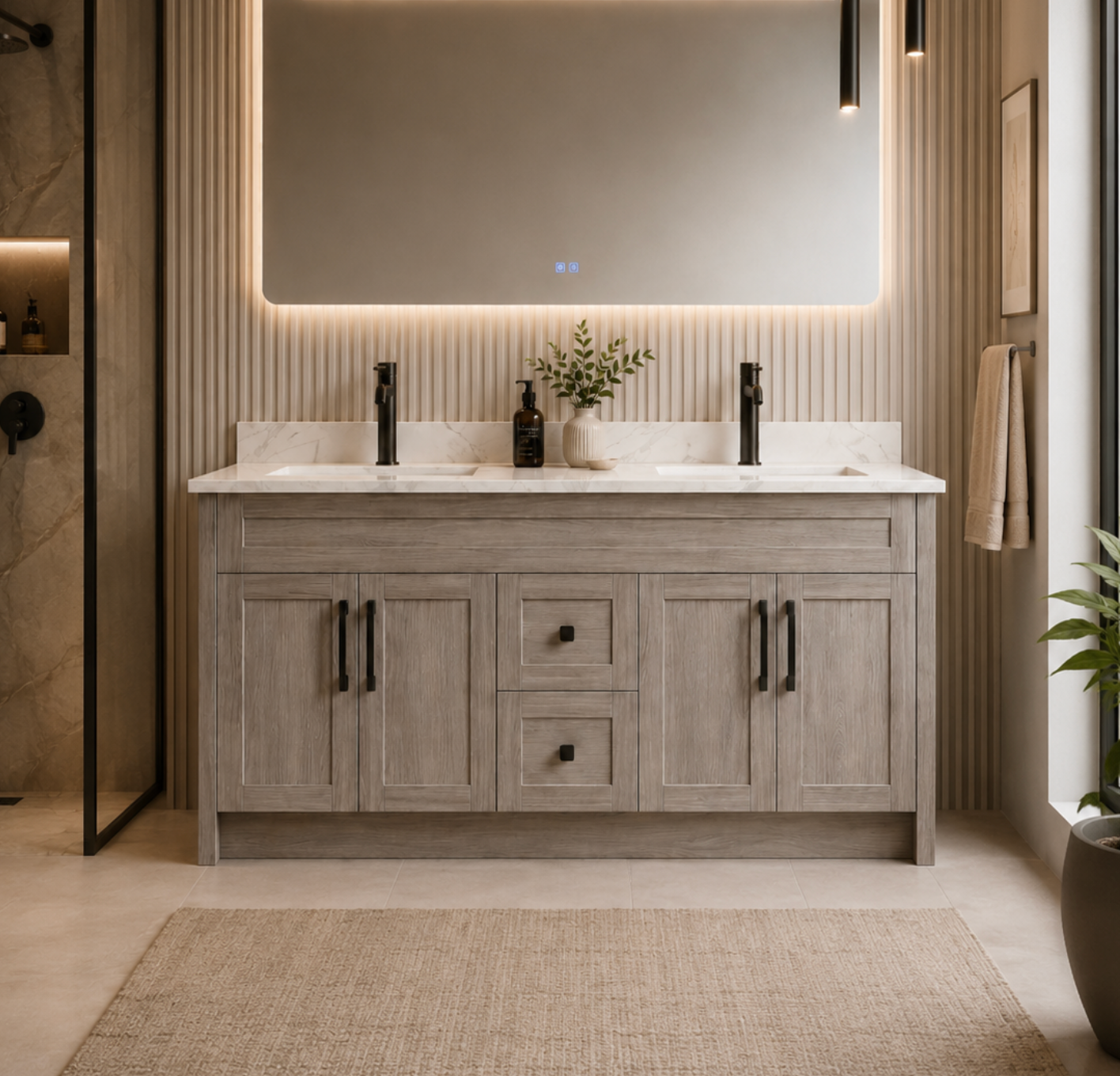 72″ Bathroom Vanity Oak Light (MDF) with Three Drawers in the Center. Double Sink. Free Standing