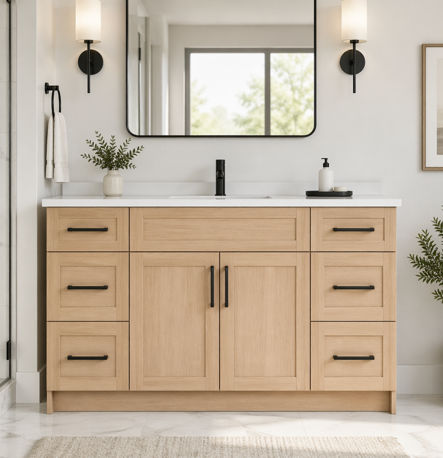 54″ Bathroom Vanity Oak Light (MDF) with Six Drawers on Each Side. Free Standing