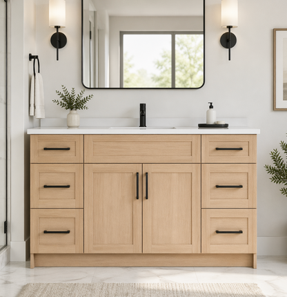 54″ Bathroom Vanity Oak Light (MDF) with Six Drawers on Each Side. Free Standing