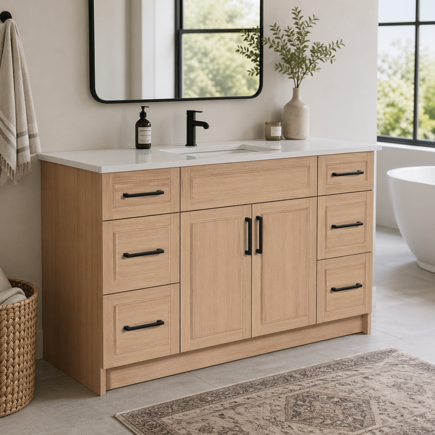 54″ Bathroom Vanity Oak Light (MDF) with Six Drawers on Each Side. Free Standing