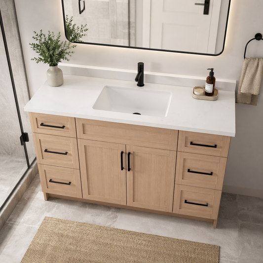 54″ Bathroom Vanity Oak Light (MDF) with Six Drawers on Each Side. Free Standing