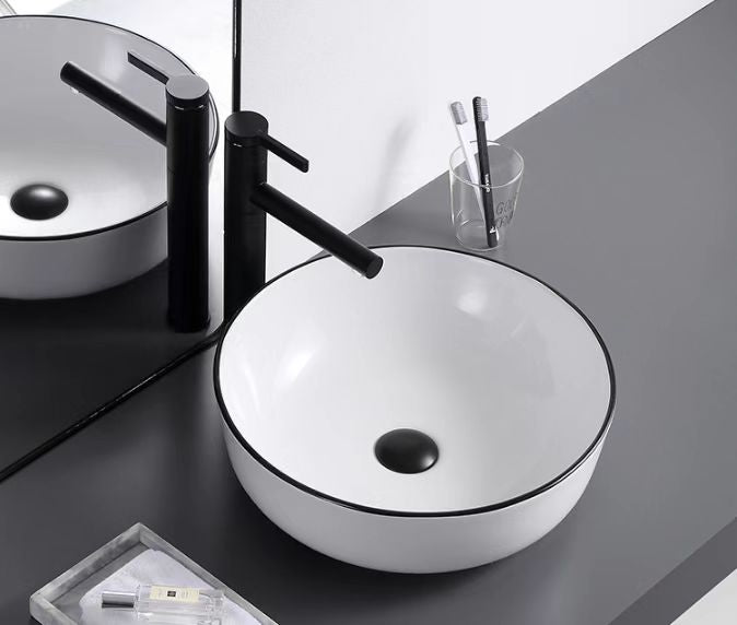 Round Ceramic Vessel Sink – White with Black Rim