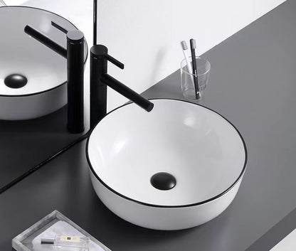Round Ceramic Vessel Sink – White with Black Rim