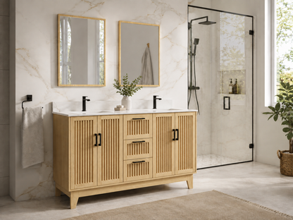 60″ Double Sink Bathroom Vanity (Fluted Oak Plywood) with Two Drawers / Free Standing Bathroom Cabinet