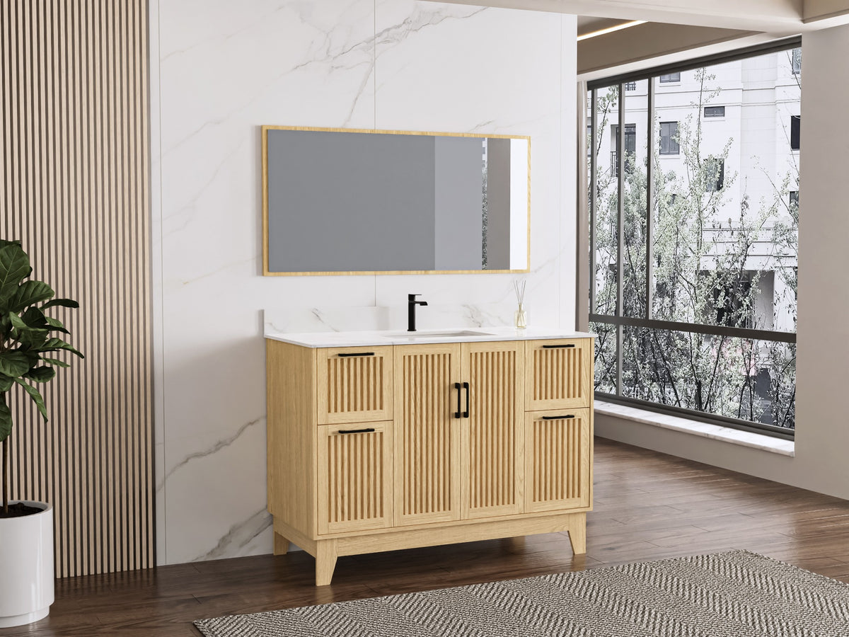 48″ Bathroom Vanity (Fluted Oak Plywood) with Four Drawers / Free Standing Bathroom Cabinet