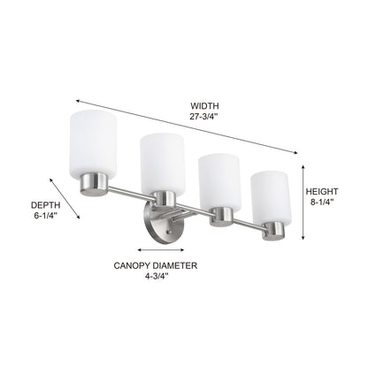 28'' Traditional Brushed Nickel 4-Light Vanity Light with Frosted Glass Shades