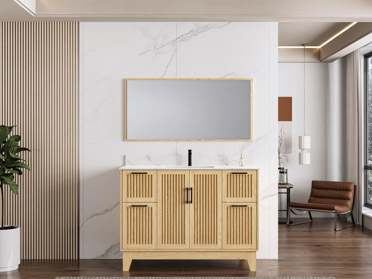 48″ Bathroom Vanity (Fluted Oak Plywood) with Four Drawers / Free Standing Bathroom Cabinet