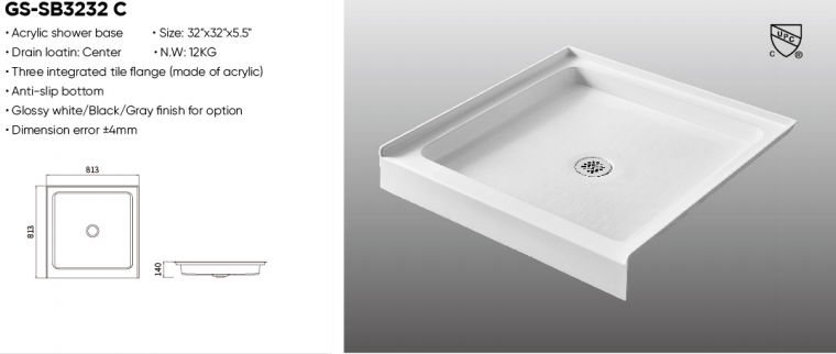 32x32 inch Central Drain Acrylic Shower Base