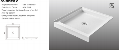 32x32 inch Central Drain Acrylic Shower Base